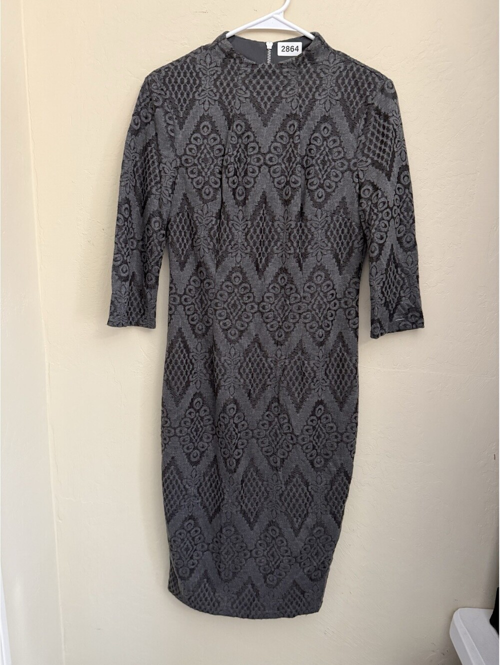Bisou Bisou Gray Black Geometric Sheath Dress 3/4 Sleeve Lined Zip Sz 4